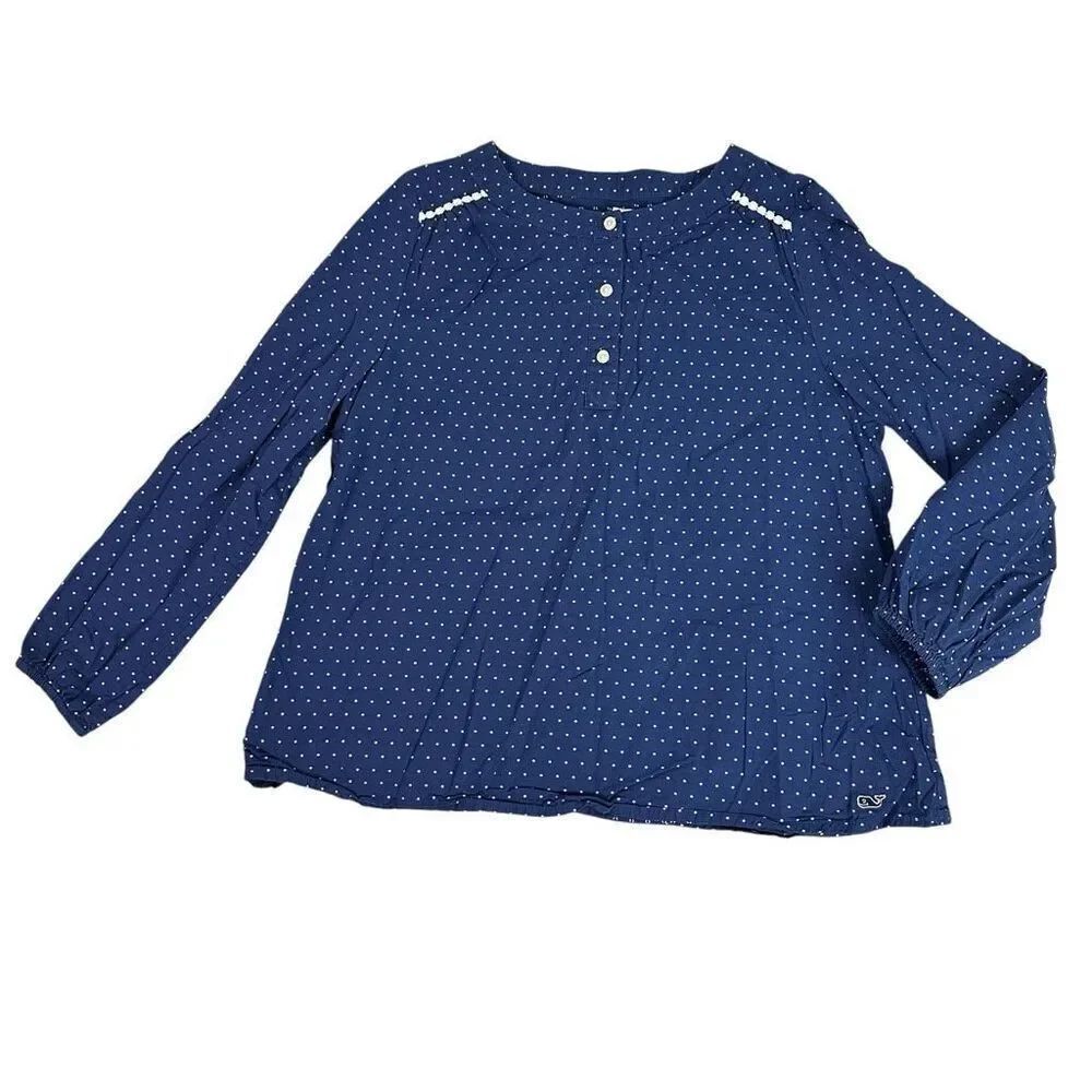 Vineyard Vines Girls 14 Long Sleeve Blouse Navy with White dots